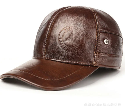 Mens Leather Cap Winter Warm Real Cowhide Baseball Hat With Ear Flaps For Outdoor Mature Men