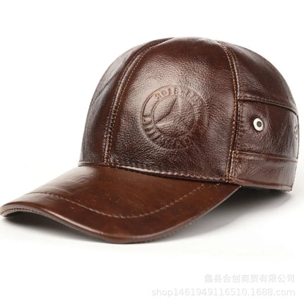 Mens Leather Cap Winter Warm Real Cowhide Baseball Hat With Ear Flaps For Outdoor Mature Men