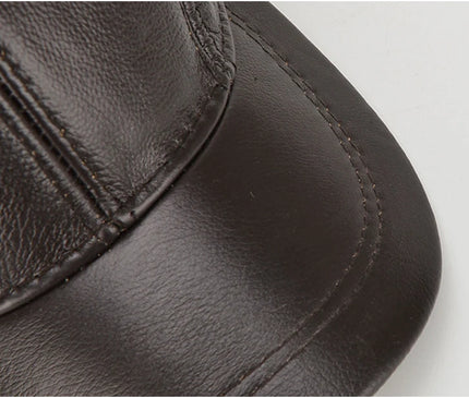 Men's 2025 Casual Real Leather Earflap Cap Men Real Cowhide Leather Caps Male Fall Winter Genuine Real Cow Leather Baseball Hats