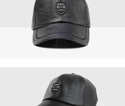 2024 New Style Men Cowhide Hat Winter Warm Outdoor Protect Ear Real Leather Adjustable Baseball Cap Men Real Cowhide Leather Cap