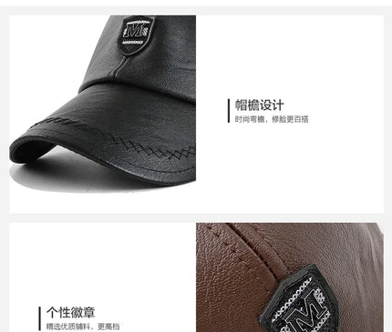 2024 New Style Men Cowhide Hat Winter Warm Outdoor Protect Ear Real Leather Adjustable Baseball Cap Men Real Cowhide Leather Cap