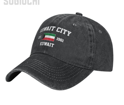 Flag of Kuwait EST.1961 Kuwait City Unisex Adult Charcoal Washed Denim Baseball Cap Men Vintage Cotton Dad Patriotic Trucker Hat