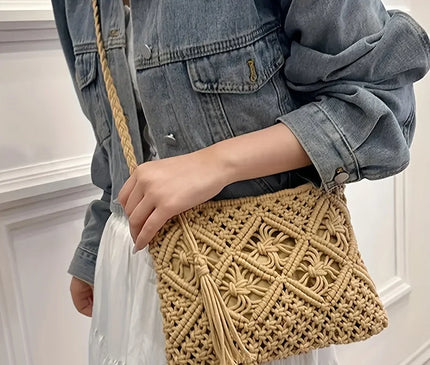 1pc Boho Chic Handwoven Shoulder Bag for Women,Handwoven Cotton with Zipper & Tassel Details,Beach Bag,for Travel,Casual Outings