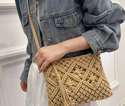 1pc Boho Chic Handwoven Shoulder Bag for Women,Handwoven Cotton with Zipper & Tassel Details,Beach Bag,for Travel,Casual Outings