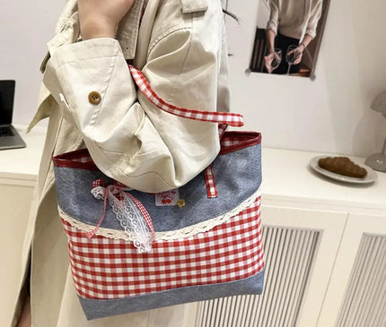Retro Lattice Lace Bow Shoulder Bag Lovely Rural Style Denim Plaid Handbag Leisure Vintage Commuting Tote Bag Women