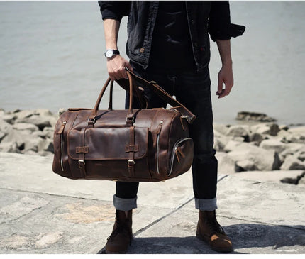 MUNUKI Vintage Crazy Horse Genuine Leather Travel bag  Large Luggage bag men Leather duffle bag Large Weekend Bag Tote Big