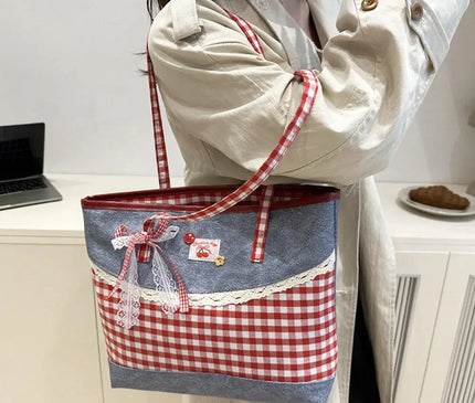 Retro Lattice Lace Bow Shoulder Bag Lovely Rural Style Denim Plaid Handbag Leisure Vintage Commuting Tote Bag Women
