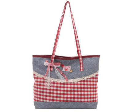 Retro Lattice Lace Bow Shoulder Bag Lovely Rural Style Denim Plaid Handbag Leisure Vintage Commuting Tote Bag Women