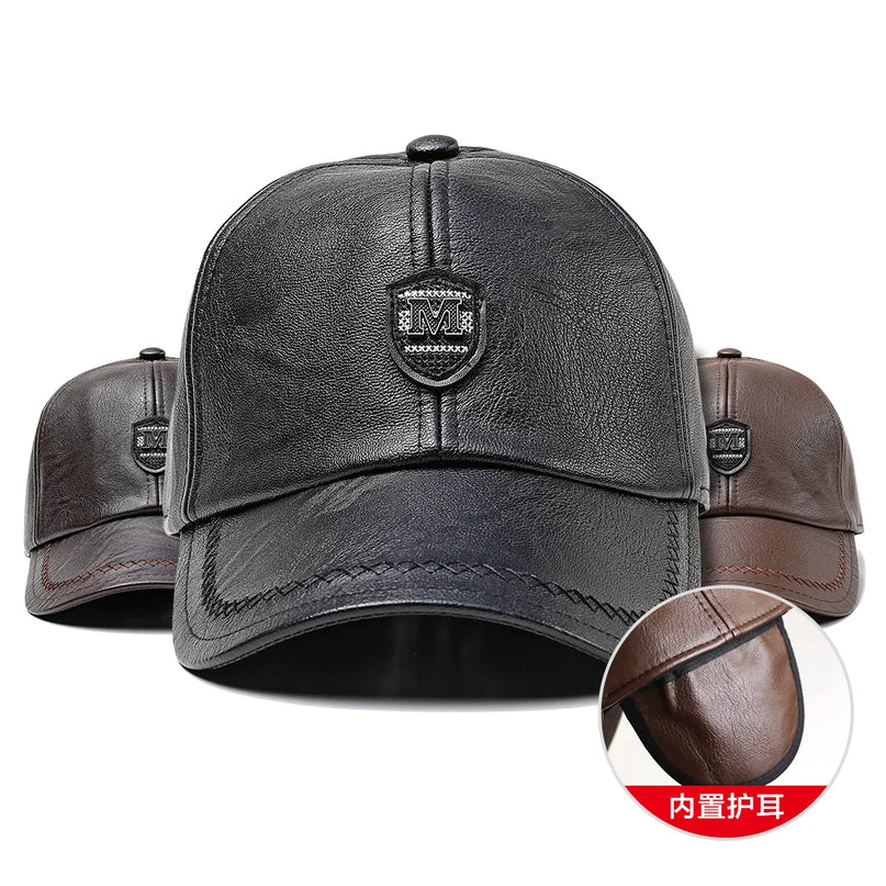 2024 New Style Men Cowhide Hat Winter Warm Outdoor Protect Ear Real Leather Adjustable Baseball Cap Men Real Cowhide Leather Cap