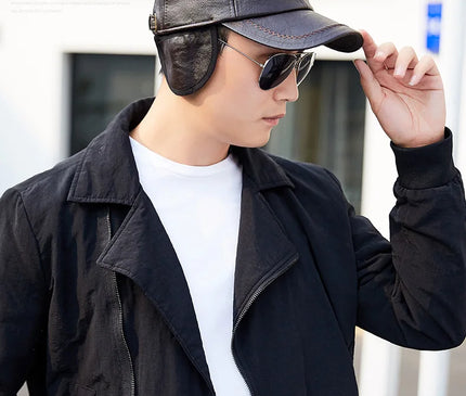 2024 New Style Men Cowhide Hat Winter Warm Outdoor Protect Ear Real Leather Adjustable Baseball Cap Men Real Cowhide Leather Cap