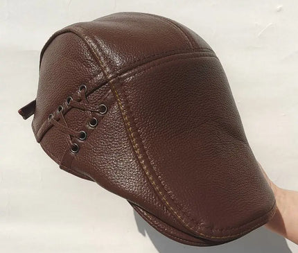 Mens Leather Cap Winter Warm Real Cowhide Baseball Hat With Ear Flaps For Outdoor Mature Men