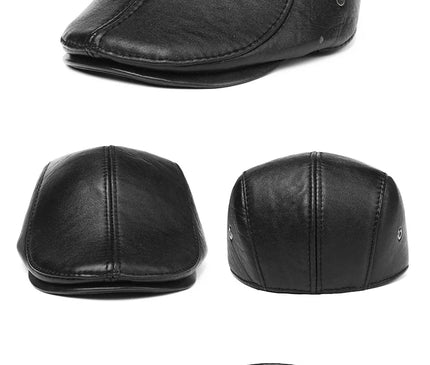 Mens Leather Cap Winter Warm Real Cowhide Baseball Hat With Ear Flaps For Outdoor Mature Men
