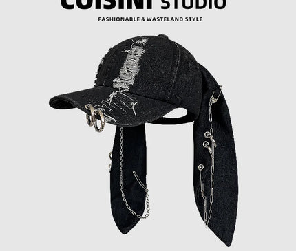 Niche Y2k Rabbit Ears Denim Ripped Baseball Cap Men and Women Dark Personality Metal Ring Street Trend Adjustable Sports Hat