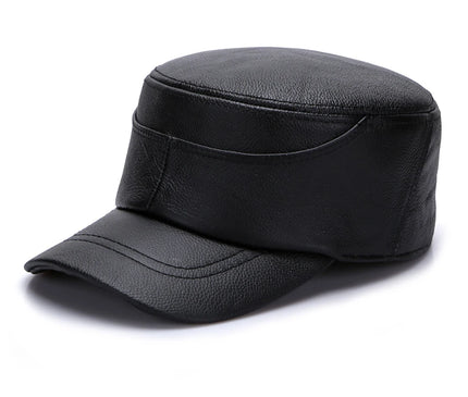 2025 Men's cowhide military hat 100% Genuine leather cap autumn and winter outdoor patchwork quilted leather warm ear flat hats