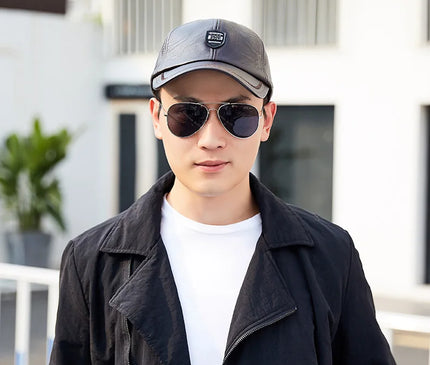 2024 New Style Men Cowhide Hat Winter Warm Outdoor Protect Ear Real Leather Adjustable Baseball Cap Men Real Cowhide Leather Cap