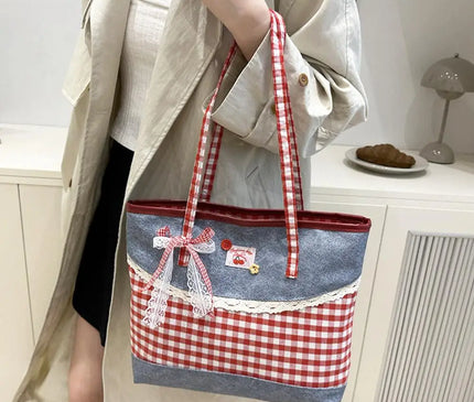 Retro Lattice Lace Bow Shoulder Bag Lovely Rural Style Denim Plaid Handbag Leisure Vintage Commuting Tote Bag Women