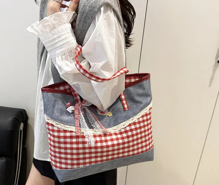 Retro Lattice Lace Bow Shoulder Bag Lovely Rural Style Denim Plaid Handbag Leisure Vintage Commuting Tote Bag Women