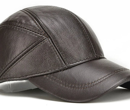 Men's 2025 Casual Real Leather Earflap Cap Men Real Cowhide Leather Caps Male Fall Winter Genuine Real Cow Leather Baseball Hats