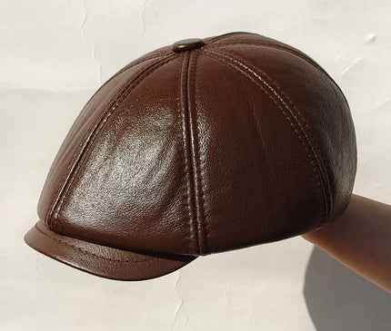 Mens Leather Cap Winter Warm Real Cowhide Baseball Hat With Ear Flaps For Outdoor Mature Men