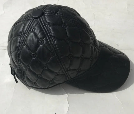 Mens Leather Cap Winter Warm Real Cowhide Baseball Hat With Ear Flaps For Outdoor Mature Men