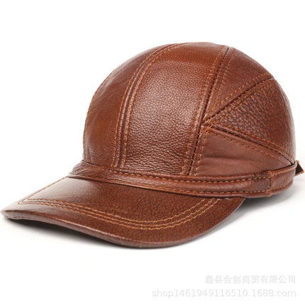 Mens Leather Cap Winter Warm Real Cowhide Baseball Hat With Ear Flaps For Outdoor Mature Men