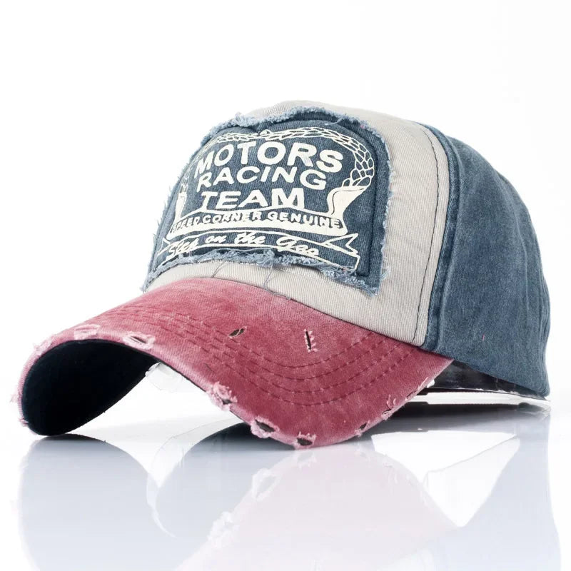 MOTOS Fashion Patchwork Color Washed Denim Baseball Cap Coated Snapback Hip Hop Hat for Outdoor Sun Protection