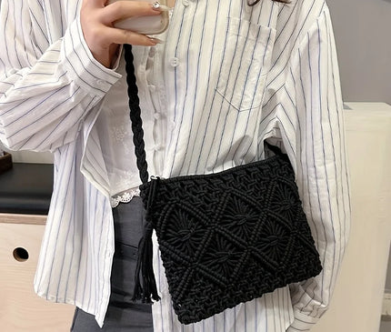 1pc Boho Chic Handwoven Shoulder Bag for Women,Handwoven Cotton with Zipper & Tassel Details,Beach Bag,for Travel,Casual Outings