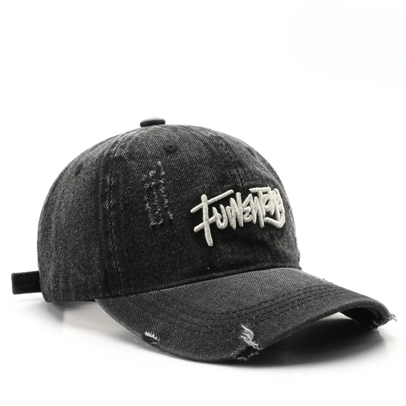 Japanese Retro Washed Denim Letter Embroidered Cap Outdoor Sports Mens Travel Sun Hat Baseball Cap Classic Versatile Comfortable