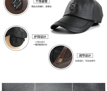 2024 New Style Men Cowhide Hat Winter Warm Outdoor Protect Ear Real Leather Adjustable Baseball Cap Men Real Cowhide Leather Cap