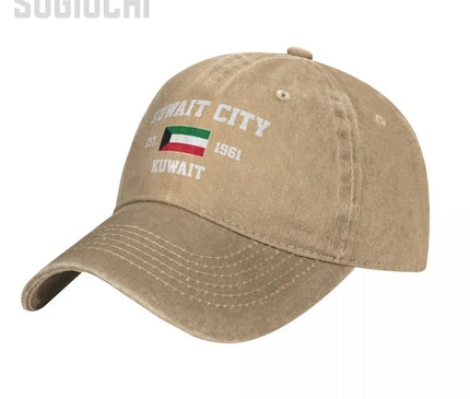 Flag of Kuwait EST.1961 Kuwait City Unisex Adult Charcoal Washed Denim Baseball Cap Men Vintage Cotton Dad Patriotic Trucker Hat