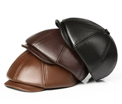 Mens Leather Cap Winter Warm Real Cowhide Baseball Hat With Ear Flaps For Outdoor Mature Men