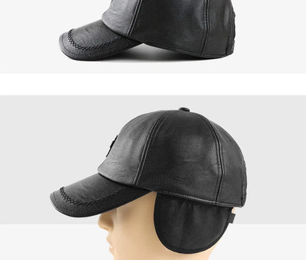 2024 New Style Men Cowhide Hat Winter Warm Outdoor Protect Ear Real Leather Adjustable Baseball Cap Men Real Cowhide Leather Cap