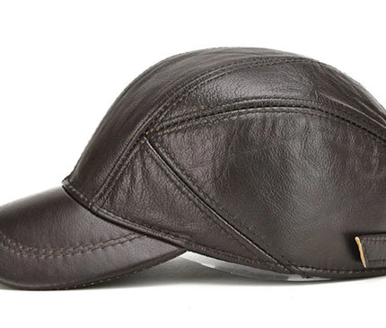 Men's 2025 Casual Real Leather Earflap Cap Men Real Cowhide Leather Caps Male Fall Winter Genuine Real Cow Leather Baseball Hats
