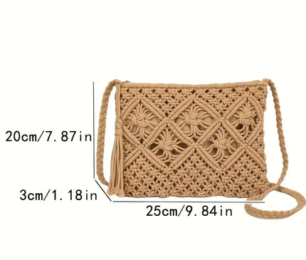 1pc Boho Chic Handwoven Shoulder Bag for Women,Handwoven Cotton with Zipper & Tassel Details,Beach Bag,for Travel,Casual Outings