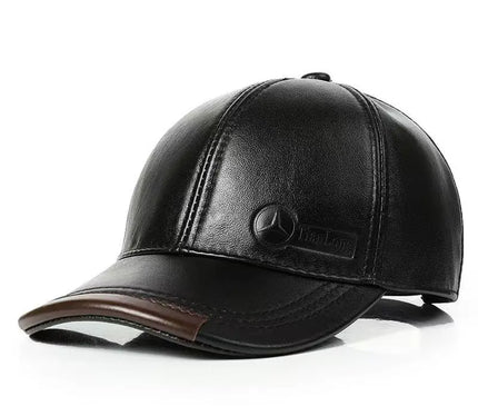 Mens Leather Cap Winter Warm Real Cowhide Baseball Hat With Ear Flaps For Outdoor Mature Men