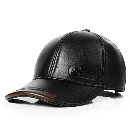 Mens Leather Cap Winter Warm Real Cowhide Baseball Hat With Ear Flaps For Outdoor Mature Men