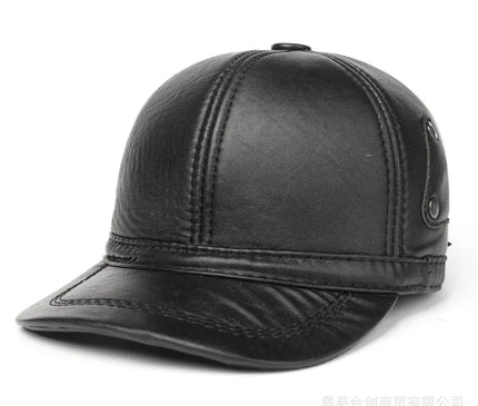 Mens Leather Cap Winter Warm Real Cowhide Baseball Hat With Ear Flaps For Outdoor Mature Men