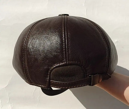 Mens Leather Cap Winter Warm Real Cowhide Baseball Hat With Ear Flaps For Outdoor Mature Men