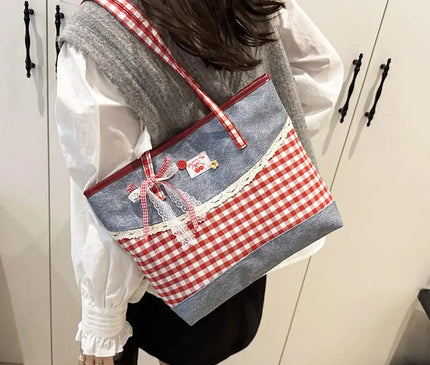 Retro Lattice Lace Bow Shoulder Bag Lovely Rural Style Denim Plaid Handbag Leisure Vintage Commuting Tote Bag Women