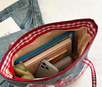 Retro Lattice Lace Bow Shoulder Bag Lovely Rural Style Denim Plaid Handbag Leisure Vintage Commuting Tote Bag Women