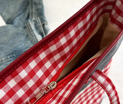 Retro Lattice Lace Bow Shoulder Bag Lovely Rural Style Denim Plaid Handbag Leisure Vintage Commuting Tote Bag Women