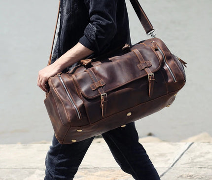 MUNUKI Vintage Crazy Horse Genuine Leather Travel bag  Large Luggage bag men Leather duffle bag Large Weekend Bag Tote Big