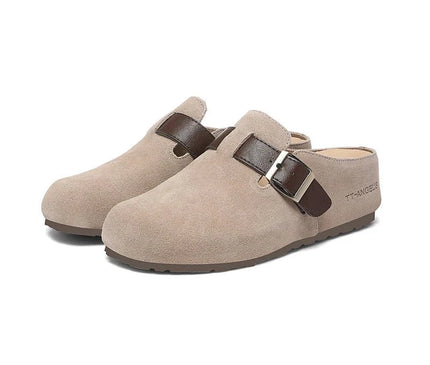 mule-femme-beige-boucle-marron-fonce