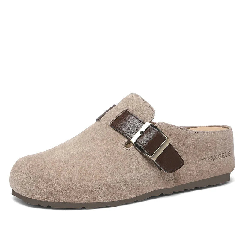 mule-femme-beige-boucle-marron-fonce