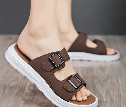 sandales-ouvertes-brides-ajustables-marron-base-blanche