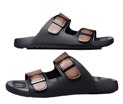 sandales-noires-lanieres-marron-boucles-metalliques