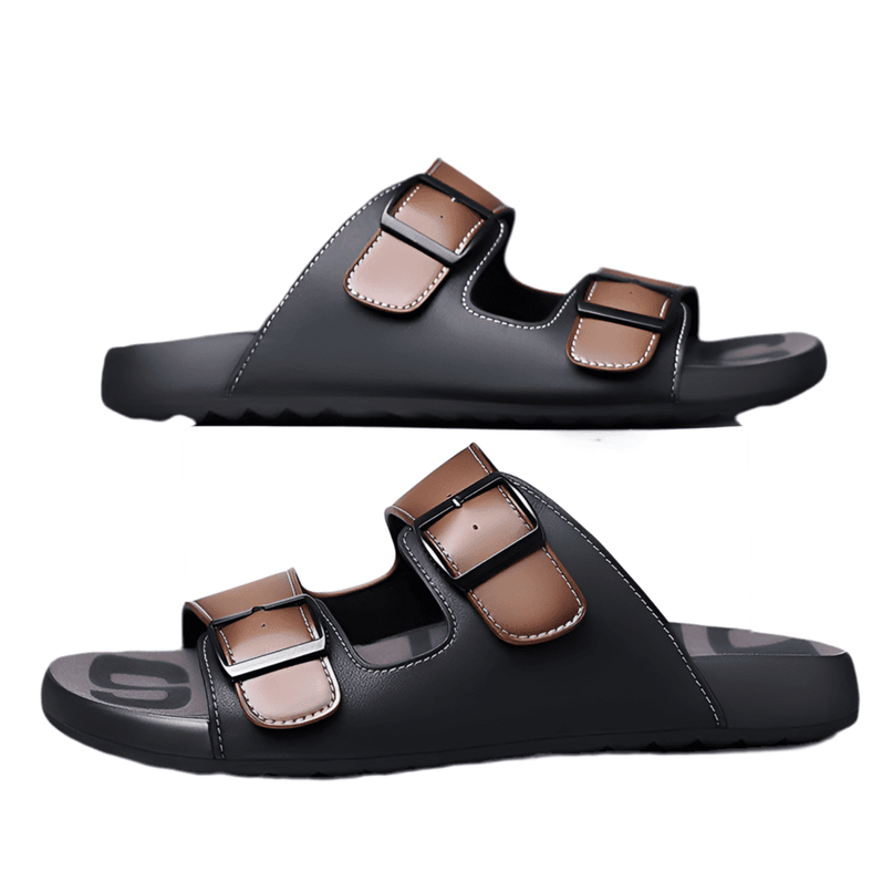 sandales-noires-lanieres-marron-boucles-metalliques