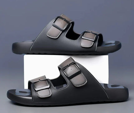sandales-noires-lanieres-marron-boucles-metalliques