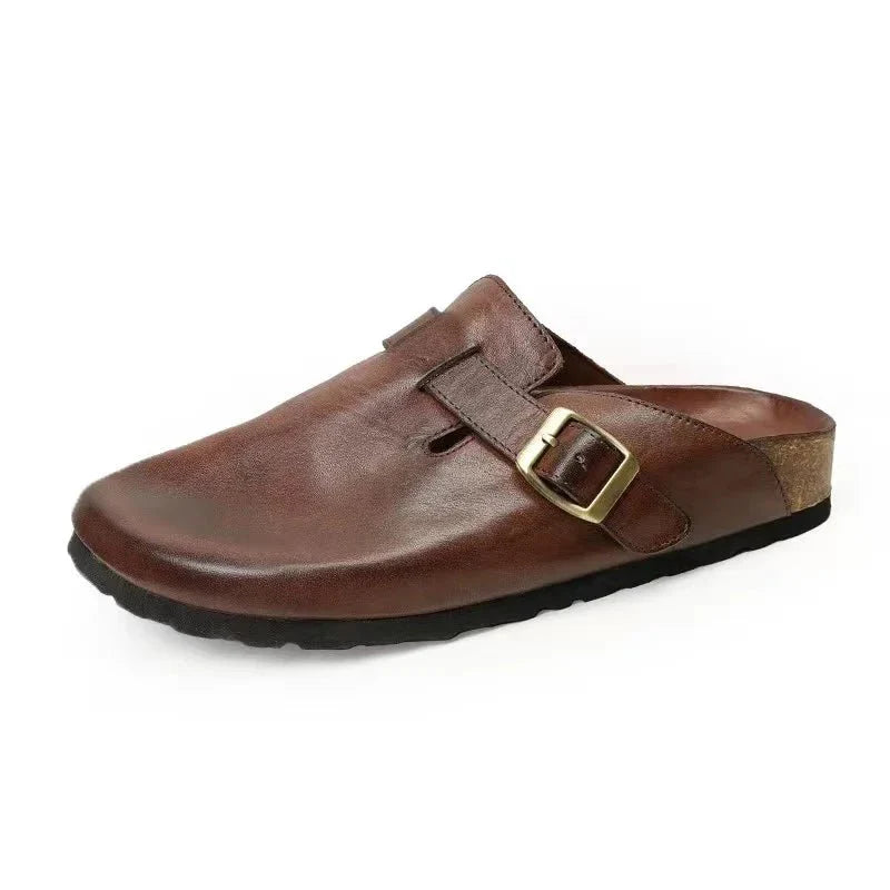mule-marron-boucle-doree-finition-liege