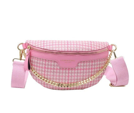 sac-banane-rose-motif-pied-de-poule-chaine-doree
